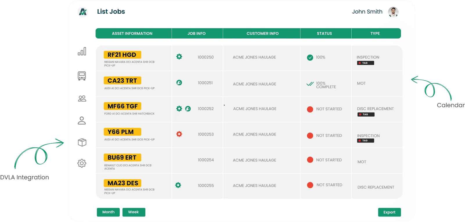 Autocheck job list showing DVLA integration and calendar-based scheduling