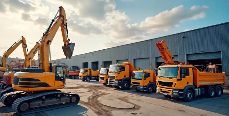 Diggers and hire trucks lined up on a yard