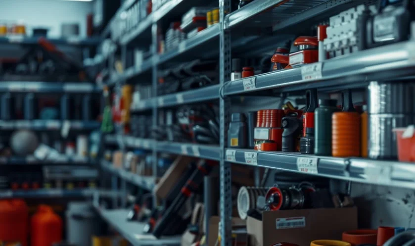 Workshop parts stored on shelves ready for use