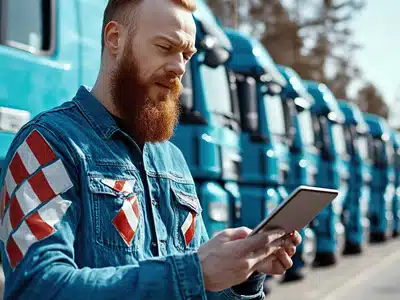 Driver completing a check on an HGV using a tablet