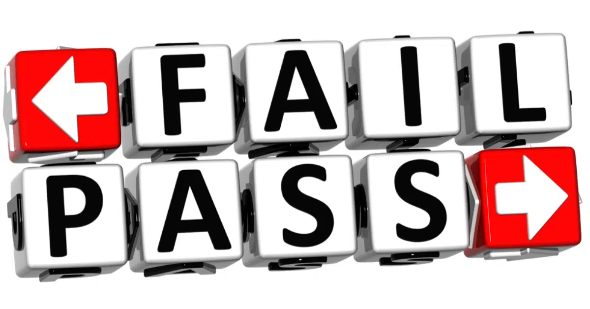 Pass or Fail: Understanding Vehicle Inspection Outcomes | Autocheck 3D blocks spelling "FAIL" with a red left arrow and "PASS" with a red right arrow, representing the outcome of a vehicle inspection or test. Highlights the choice between success and failure in HGV or commercial vehicle compliance.