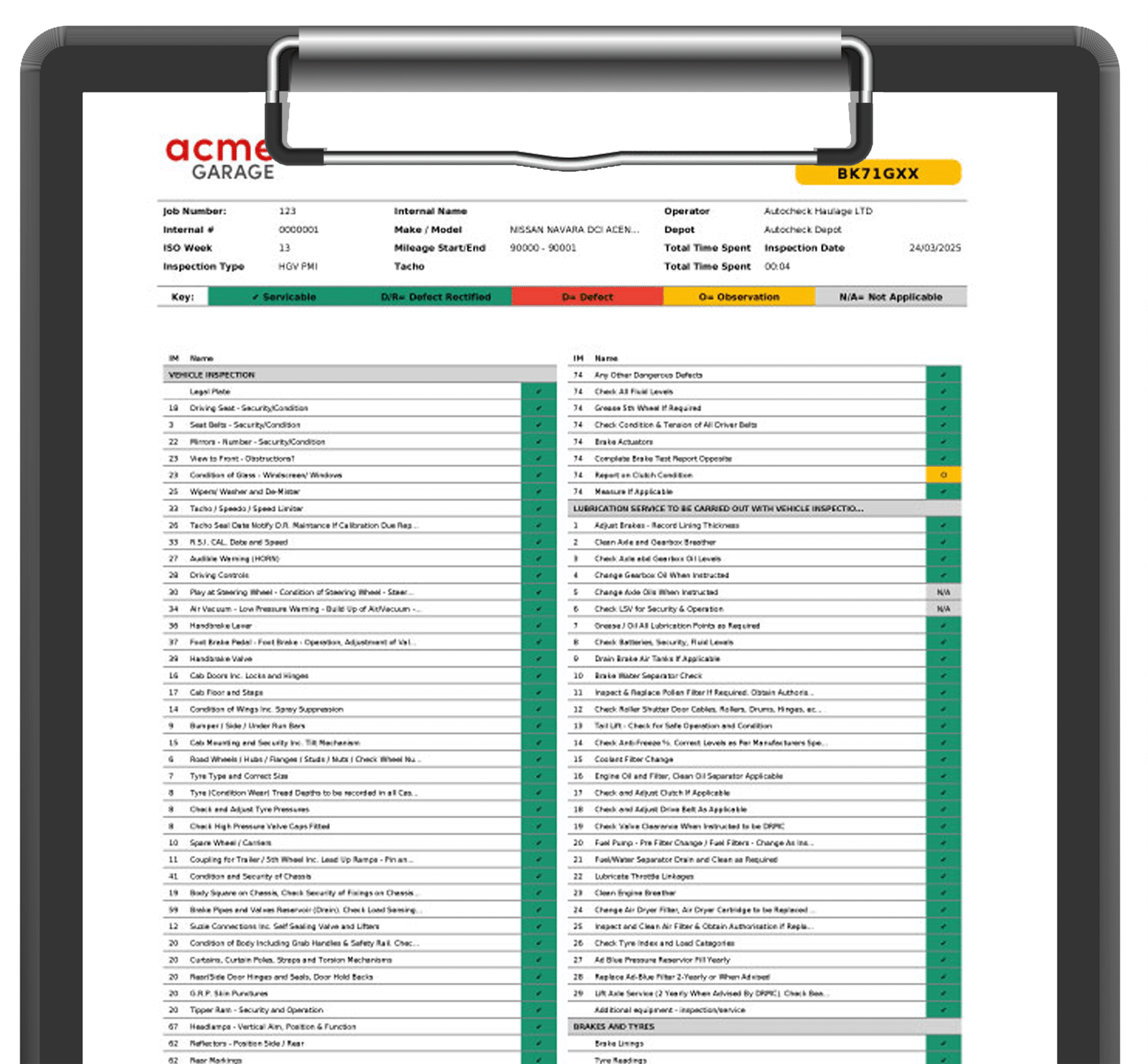 A detailed screenshot of a digital vehicle inspection sheet from Autocheck, branded "ACME GARAGE" at the top left. The form is for a "HGV PMI" (Heavy Goods Vehicle Preventative Maintenance Inspection) and displays details such as Job Number 12815, Make/Model NISSAN NAVARA, Inspection Date 16/04/2025, and Total Time Spent 00:05. It includes a key for "Serviceable," "Defect Rectified," "Defect," "Observation," and "N/A." The main section lists numerous inspection points for Vehicle Inspection and Lubrication Service, with checkboxes and statuses (green for serviceable, red for defect, orange for observation). This image demonstrates Autocheck's comprehensive digital inspection capabilities, crucial for compliance and efficient workshop management in the UK, exemplified by a typical UK vehicle like a Nissan Navara.
